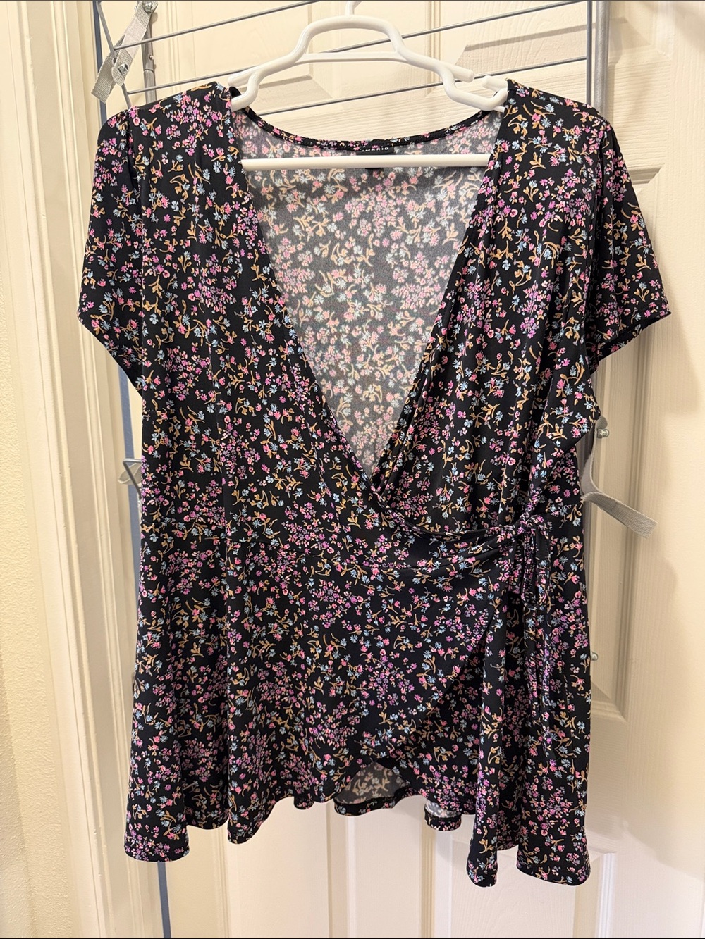 torrid Black Floral Wrap Top with Pink and Blue Accents